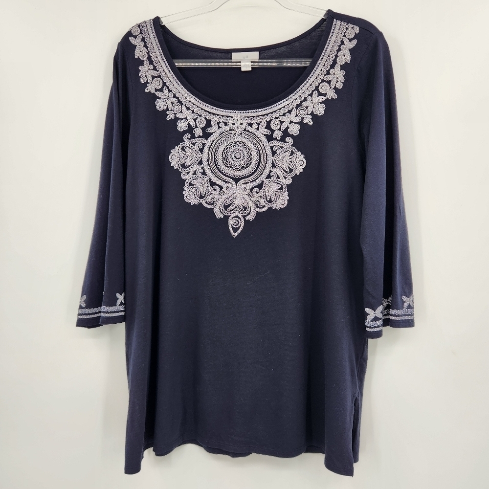 J. Jill 3/4 Sleeve Knit Tunic Top Womens Size Large Embroidered Navy Blue White